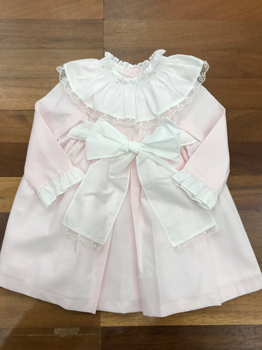 Abitino Fofettes in caldo cotone rosa collo con rusche e valancienne bianco  gonna ampia con fiocco centrale