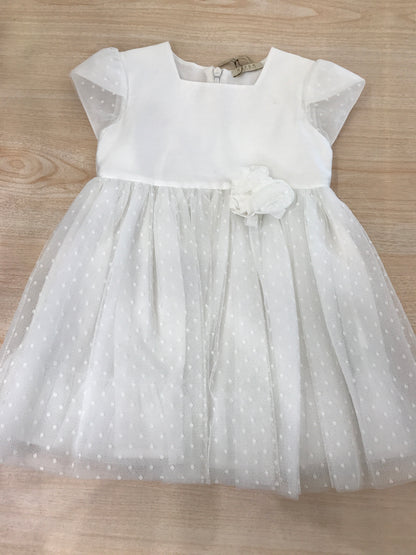 Abito Safer in tulle e cotone con pois bianchi con manica velata e fiori sul davanti
