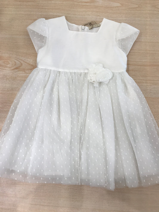 Abito Safer in tulle e cotone con pois bianchi con manica velata e fiori sul davanti