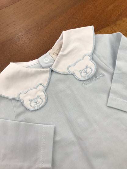 Tutina Nanan in cotone celeste gamba lunga manica lunga con colletto bianco con orsetti