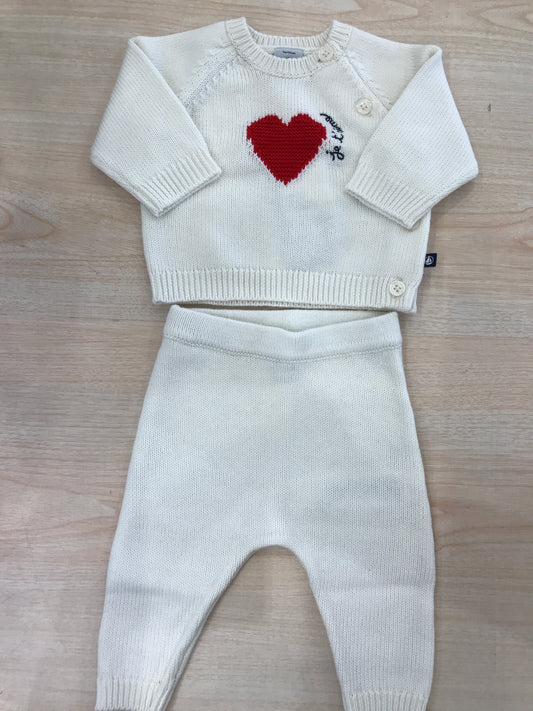 Completo Petit Bateau in lana due pezzi panna con cuore ricamato in rosso