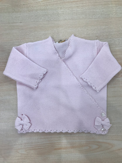 Cardigan Baby Lord in filo rosa chiusura ad incrocio con fiocchetti ai due lati