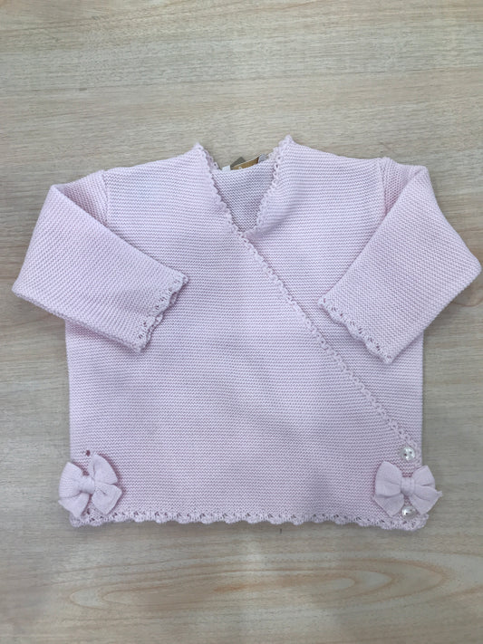 Cardigan Baby Lord in filo rosa chiusura ad incrocio con fiocchetti ai due lati