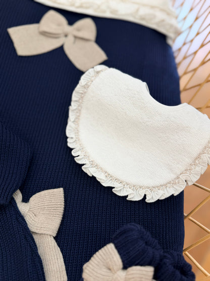 Coordinato Baby Lord a costa inglese in lana blu e tortora con fiocchi