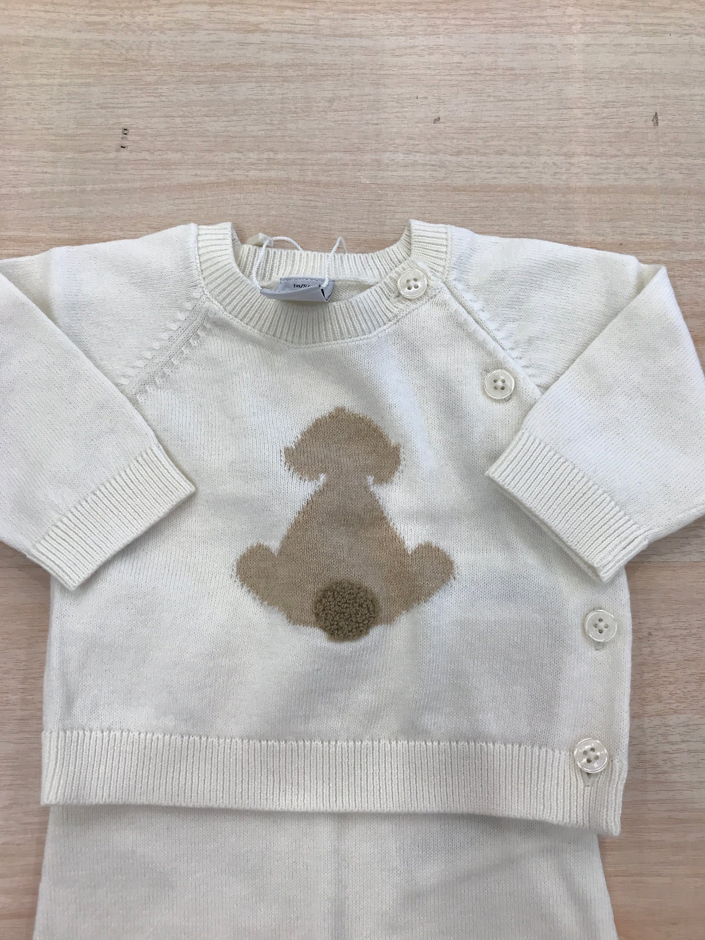 Tutina Petit Bateau in lana due pezzi panna con coniglietto beige ricamato al centro sul davanti