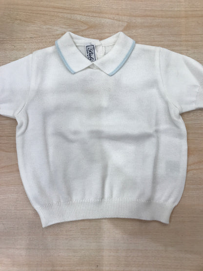 T-shirt Biebi in filo mezza manica bianca con collo a punta rifinito in celeste