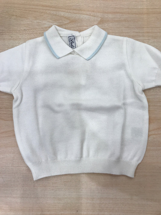 T-shirt Biebi in filo mezza manica bianca con collo a punta rifinito in celeste