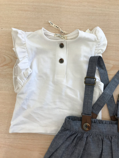 Completo Coccodè in cotone salopette con bretelle e gonnellina con t-shirt smanicata con rusche