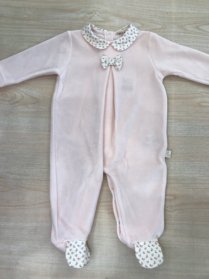 Tutina Baby Gi in ciniglia rosa antico intera con colletto e fiocchetto floreale anche sui piedini