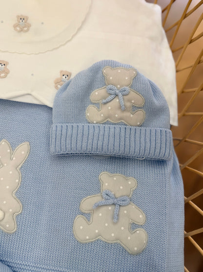 Coordinato nascita Baby Lord in pura lana con due pezzi con applicazione di orsetto e cappello con babbuccia coordinata