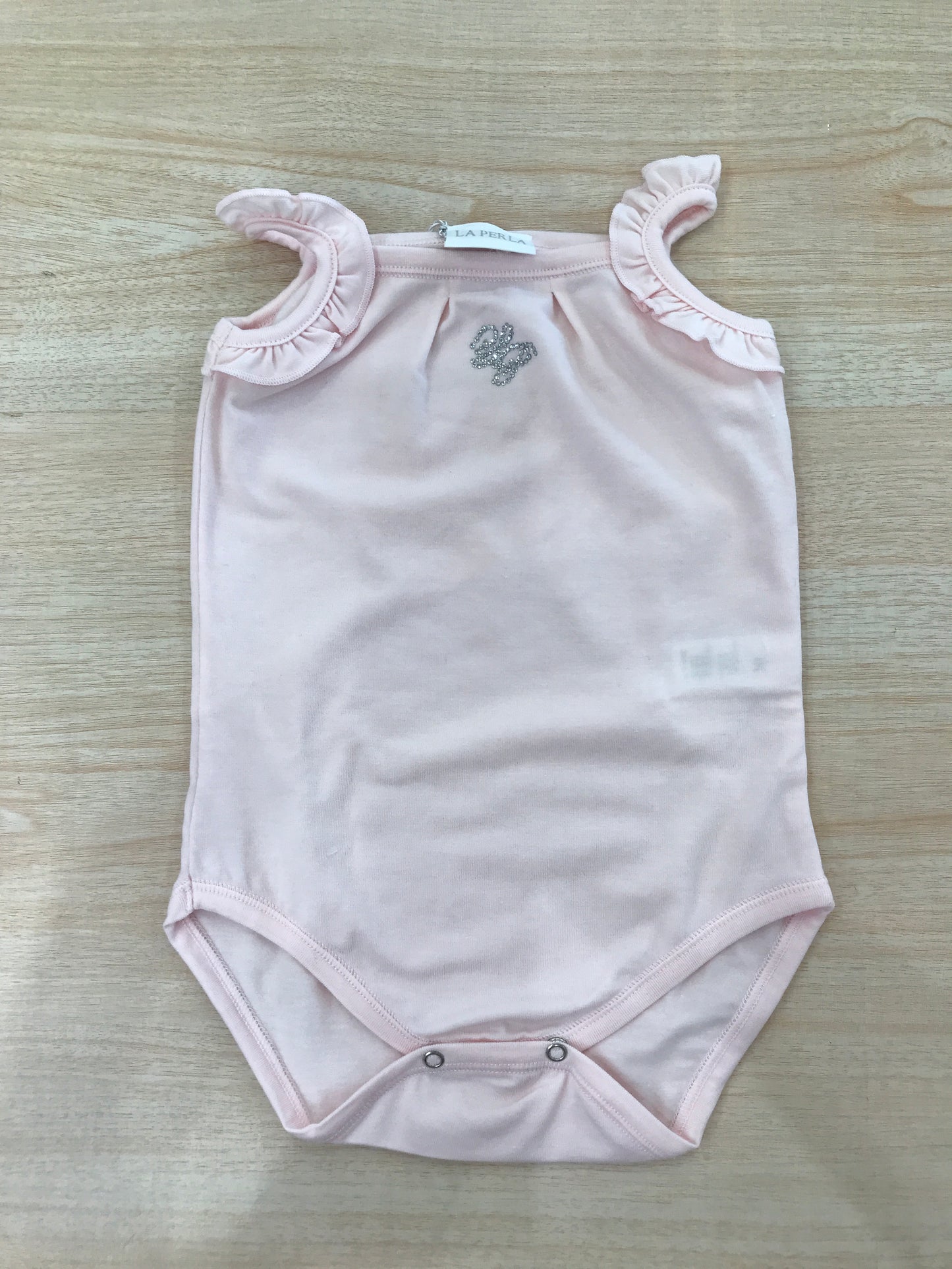Body La Perla in cotone con bretelle con rusche rosa e logo brillantinato