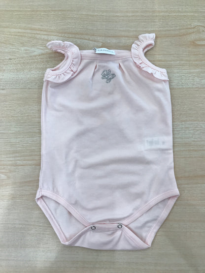 Body La Perla in cotone con bretelle con rusche rosa e logo brillantinato