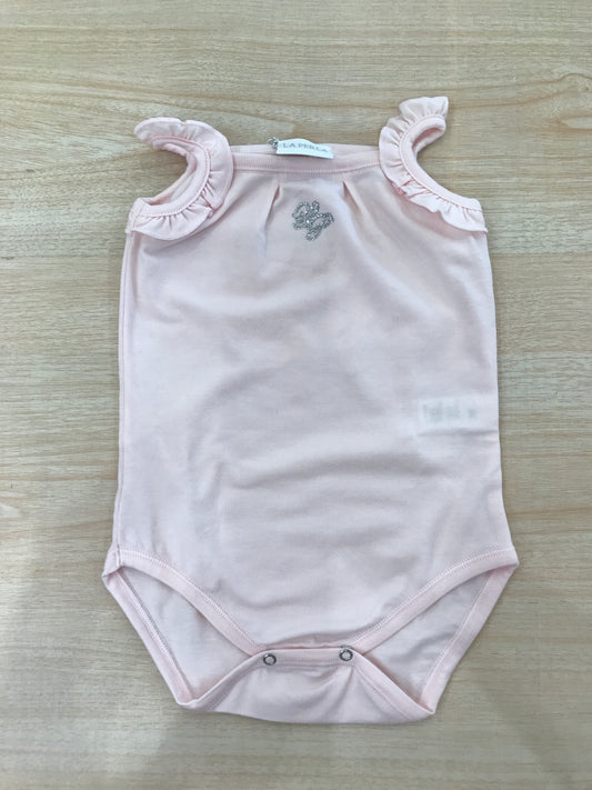 Body La Perla in cotone con bretelle con rusche rosa e logo brillantinato
