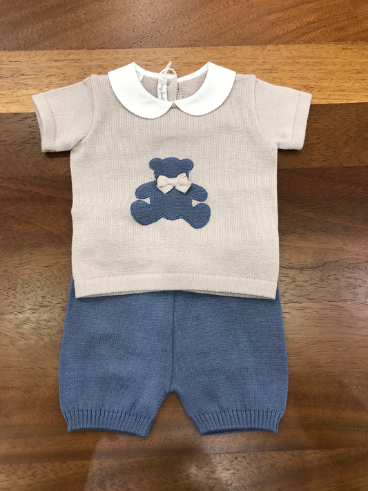 Completo Baby Lord in filo avio e tortora mezza manica con collo tondo bianco con orso centrale avio pantalone corto