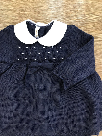 Tutina Baby Lord in lana due pezzi blu scuro con lavorazione di punto smock sul corpetto