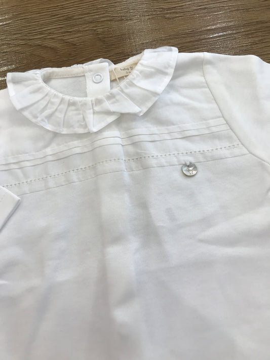 Tutina Baby Gi in cotone panna con rusche e ricamo centrale