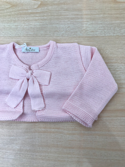 Cardigan Baby Lord in filo rosa manica lunga con fiocchetto sul davanti