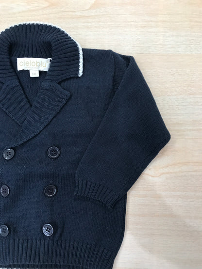 Cardigan Cielo Blu in filo blu scuro con bottoncini sul davanti colletto rifinito in bianco