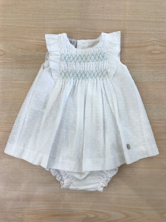 Completo Paz Rodriguez abitino bianco smanicato con corpetto lavorato da punto smock e culotte abbinata