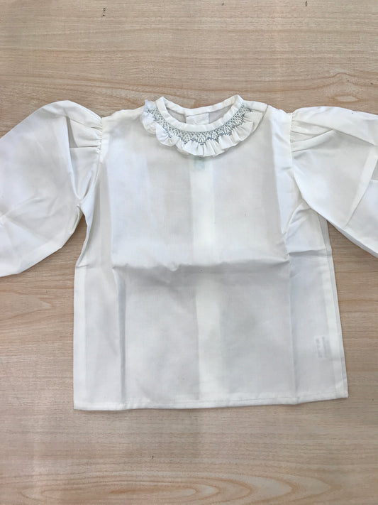 Camicia Le Chicche Della Nonna in cotone bianca con maniche a sbuffo e collo con rusche e lavorazione i punto smock