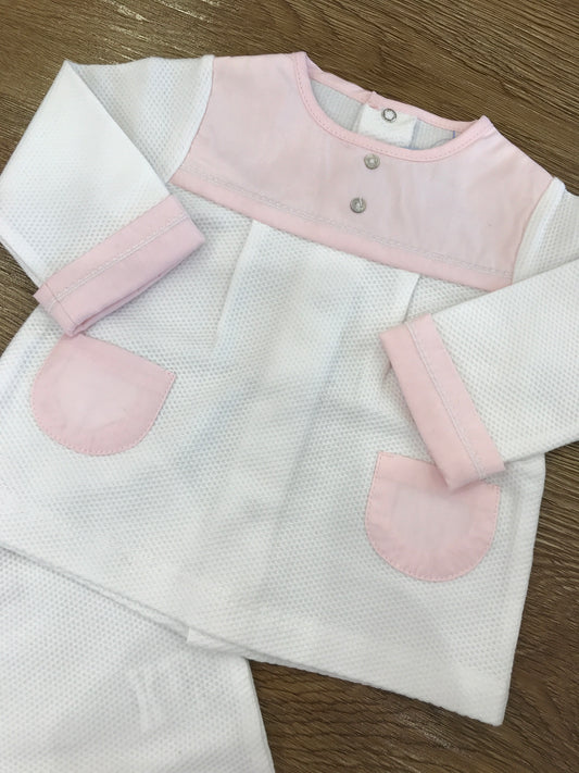 Tutina Laranjinha in cotone due pezzi bianca e rosa