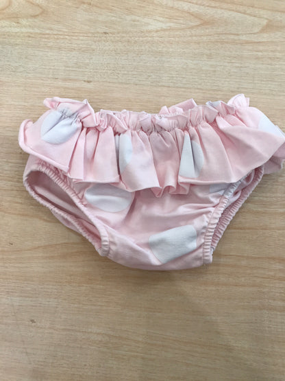 Costume Nanan in cotone rosa con pois bianchi con doppia ruche e fiocco sul retro