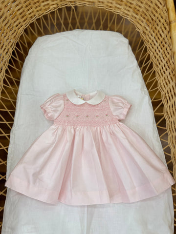 Abitino Les Enfants de Gisele in cotone rosa gonna ampia collo tondo mezza manica corpetto lavorato con punto smock e rose rosa