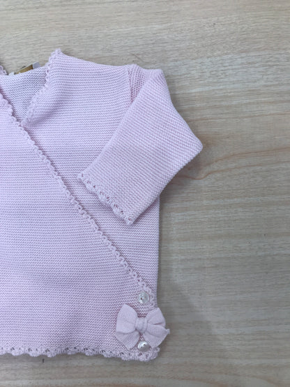 Cardigan Baby Lord in filo rosa chiusura ad incrocio con fiocchetti ai due lati