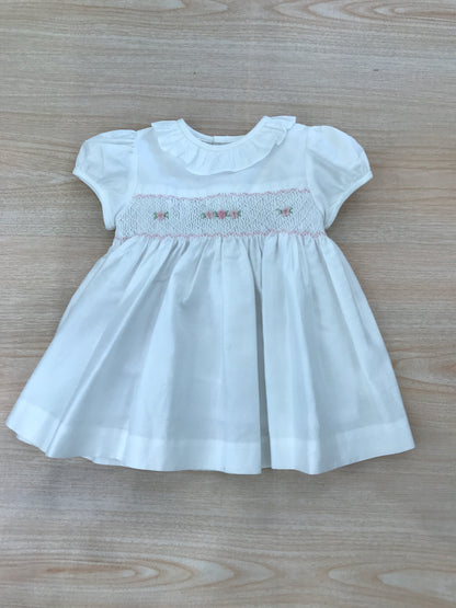 Abito Les Enfants de Gisele in cotone mella mezza manica a sbuffo con colletto con rusche corpetto lavorato da punto smock e margherite rosa