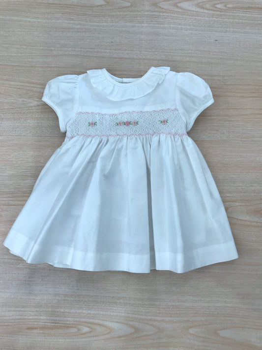 Abito Les Enfants de Gisele in cotone mella mezza manica a sbuffo con colletto con rusche corpetto lavorato da punto smock e margherite rosa
