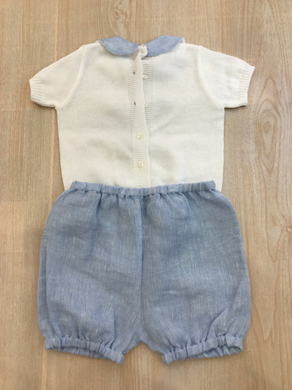 Completo Baby Lord in filo bianco e celeste due pezzi mezza manica con cavallo a dondolo sul davanti