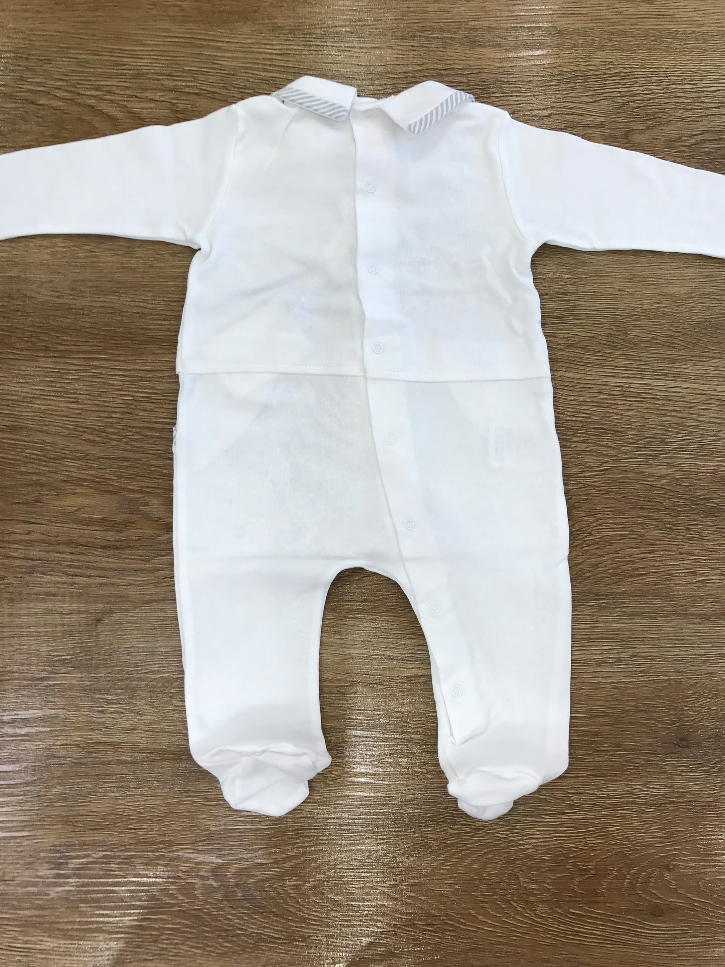 Tutina Cielo Blu in cotone bianca con rifiniture grigie
