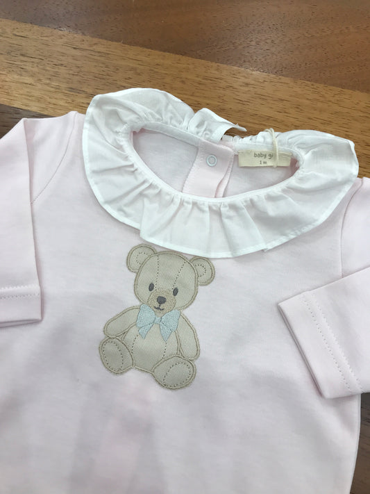 Tutina Baby Gi in cotone rosa manica lunga gamba lunga con collo con rusche bianca con orsetto ricamato al centro