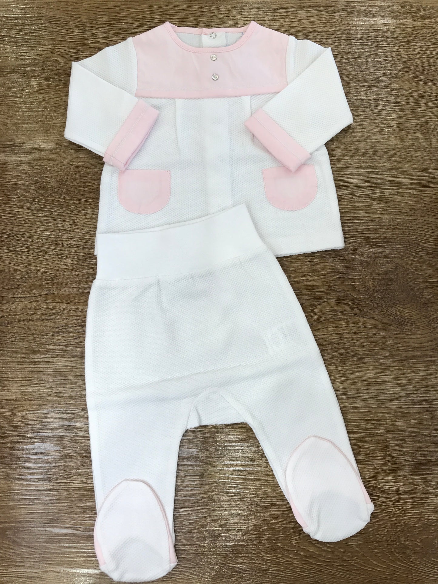 Tutina Laranjinha in cotone due pezzi bianca e rosa