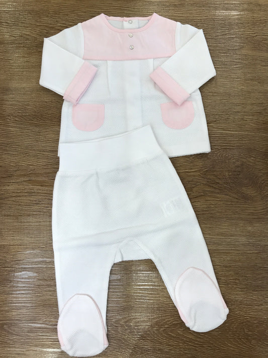 Tutina Laranjinha in cotone due pezzi bianca e rosa