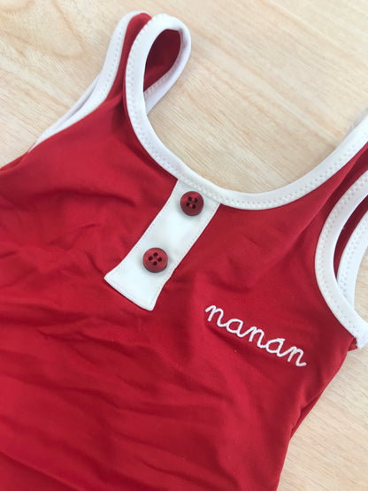 Costume Nanan intero rosso con rifiniture bianche con scollo sul retro
