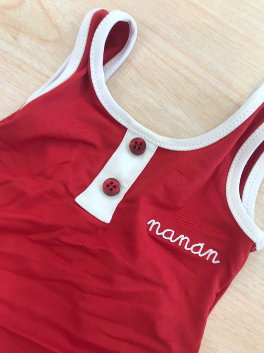 Costume Nanan intero rosso con rifiniture bianche con scollo sul retro