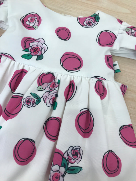 Abito Byblos in cotone mezza manica a sbuffo con gonna ampia con pois rose e righe