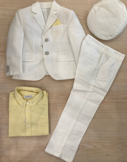 Completo Nanan giacca con pochette gialla pantalone lungo camicia in cotone con cappello bianco