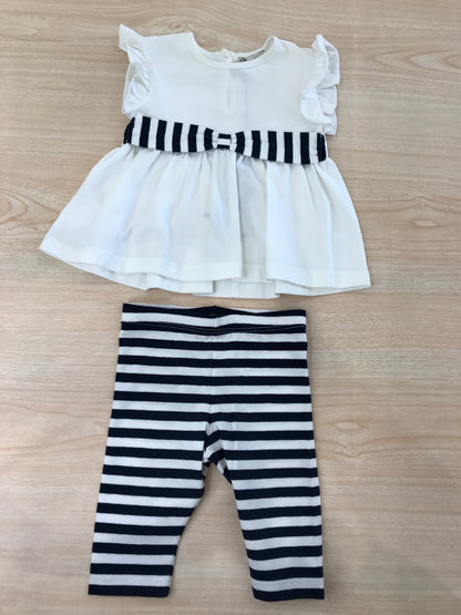 Completo Jo Milano in cotone leggins bianco e blu a righe con t-shirt smanicato con rusche con fascia in vita a righe