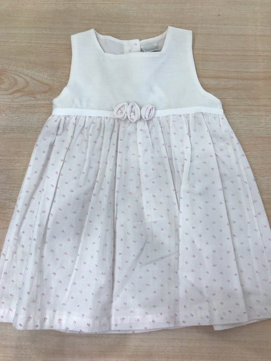 Abito Coccodè in cotone bianco con pois rosa smanicato con fiori in vita