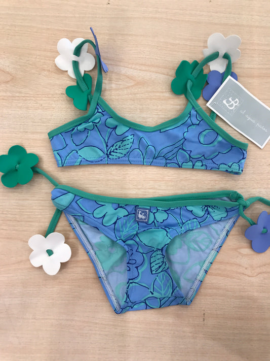 Costume Al Agua Patos due pezzi celeste con fiori verdi e celesti anche in rilievo