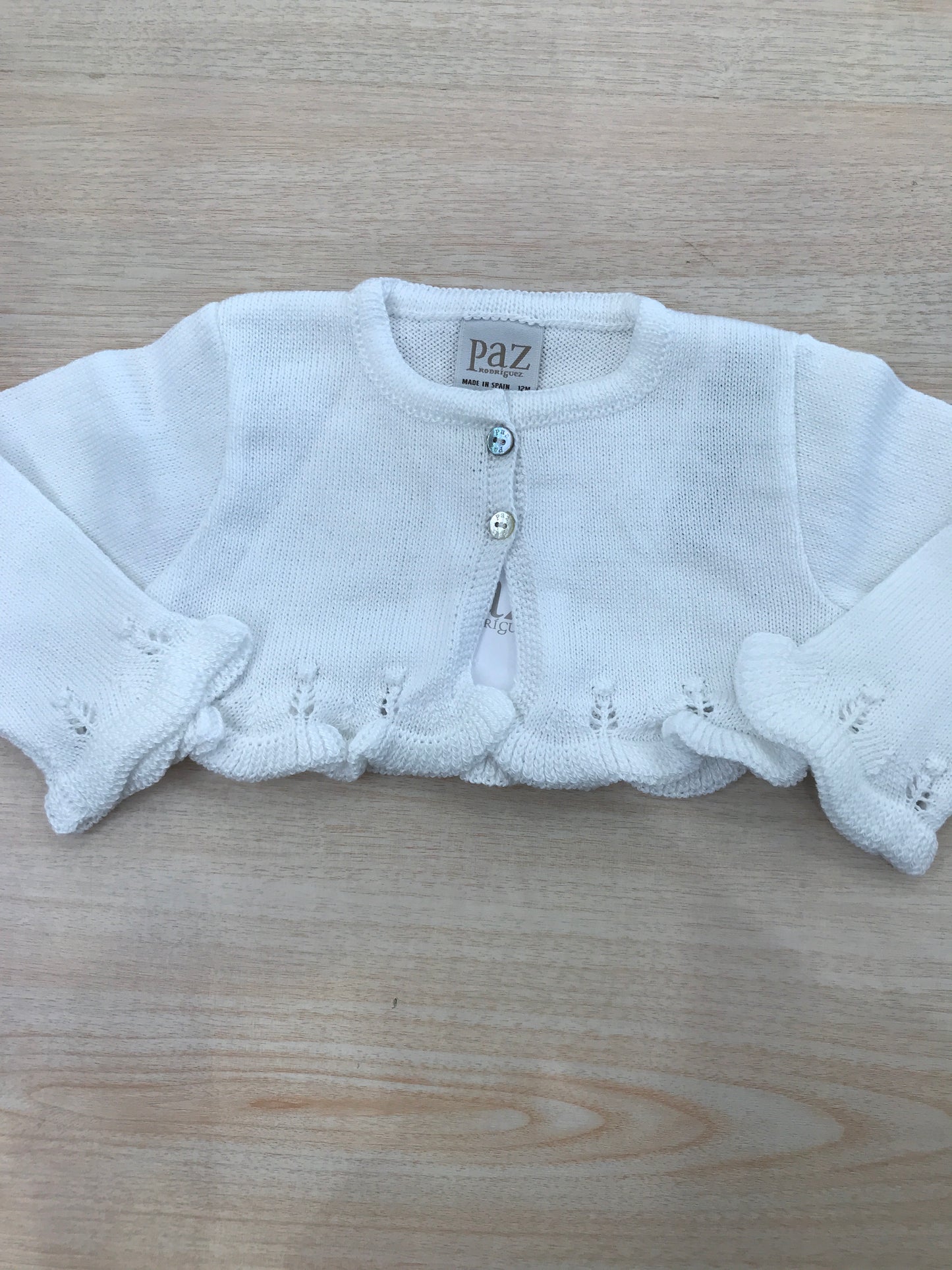 Cardigan Paz Rodriguez in filo bianco con rusche ai bordi