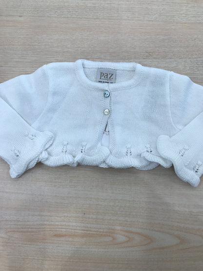 Cardigan Paz Rodriguez in filo bianco con rusche ai bordi
