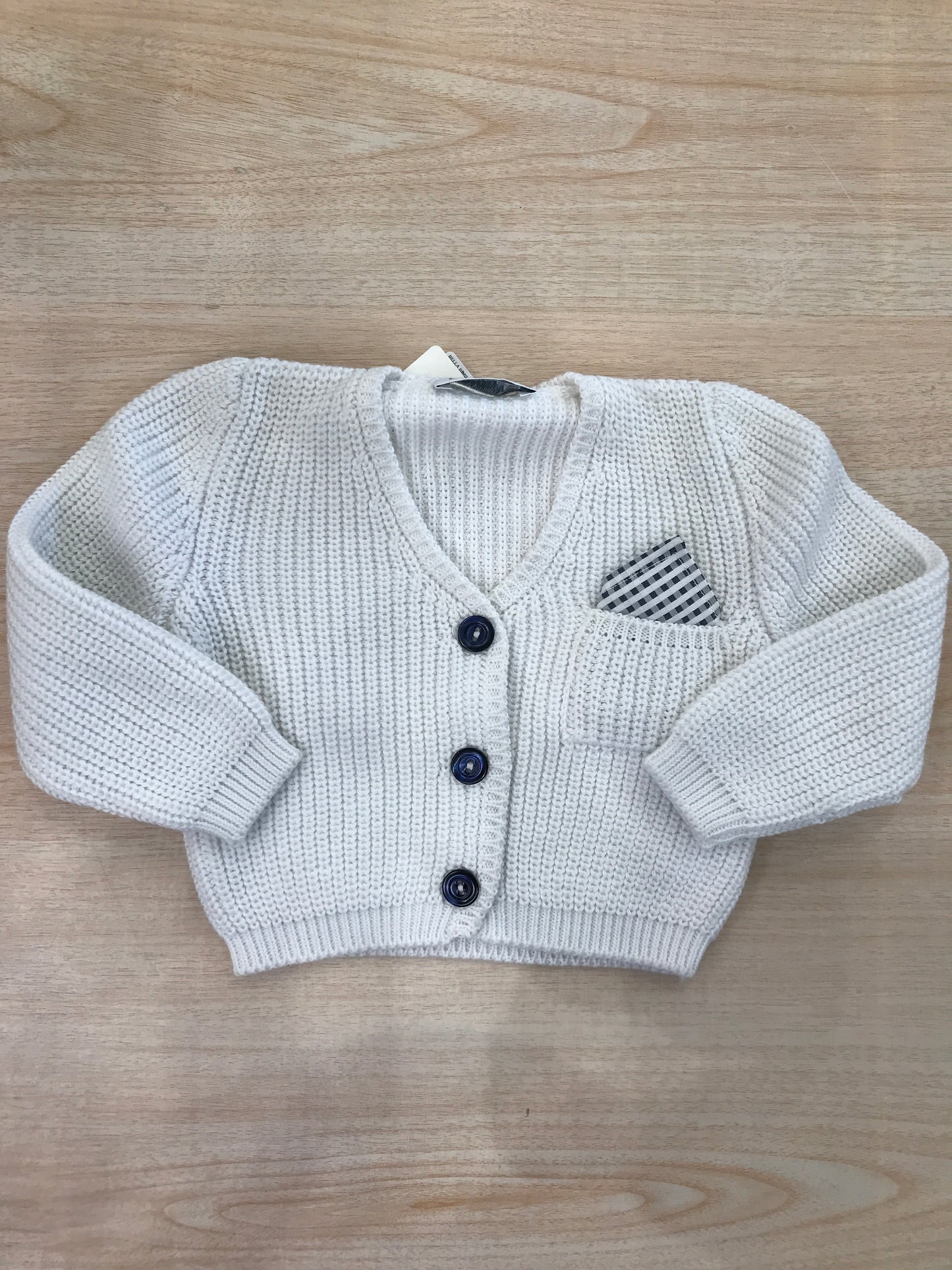 Cardigan Colibrì in filo manica lunga con bottoncini blu e taschino con pochette