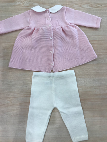 Tutina Baby Lord lana due pezzi panna e rosa con passanastro e fiocco con roselline ricamate a mano