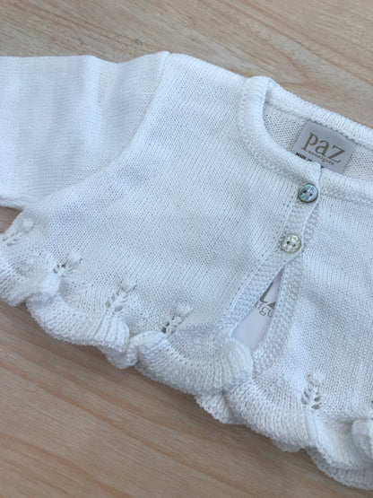 Cardigan Paz Rodriguez in filo bianco con rusche ai bordi
