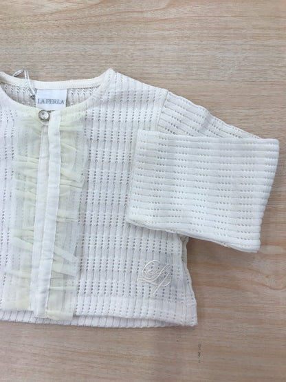 Cardigan La Perla in filo di cotone panna con un bottoncino sul davanti e rusche