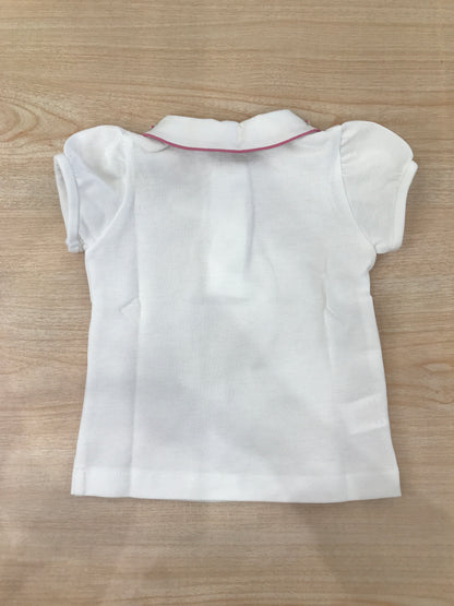 T-Shirt Les Enfants de Gisele  in cotone mezza manica a sbuffo con colletto dal profilo rosa con roselline ricamate su di esso