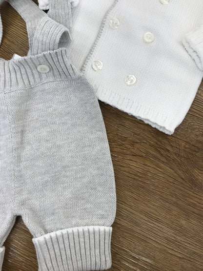 Completo Colibrì in filo di cotone due pezzi salopette con bretelle cardigan con ricamo grigio
